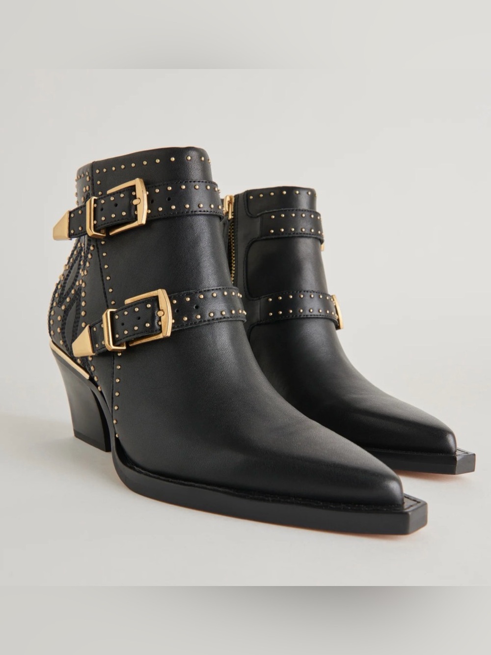 Dolce Vita Roland Black Leather Studded Ankle Boots with Gold Buckles